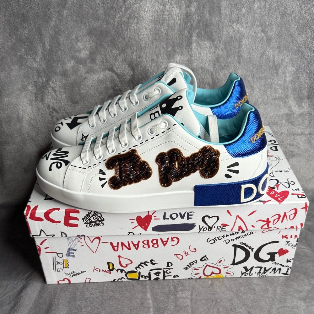Dolce & Gabbana White and Blue Sneakers with Graphic Accents